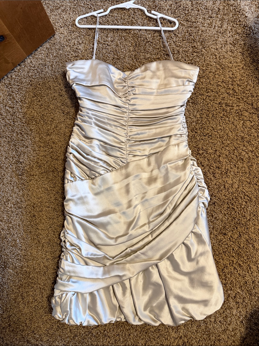 Nicole Miller Strapless Ruched Satin Cocktail Dress In Champagne